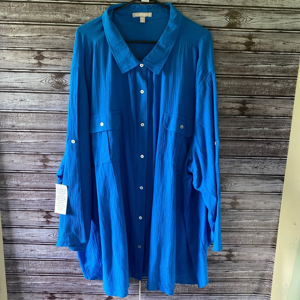 Woman Within Women's Long-Sleeved Button-Down Top Size 5X Blue Gauze NWT
